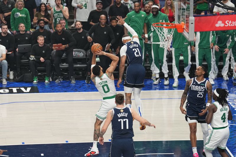 DALLAS, TX - JUNE 14: Jayson Tatum #0 of the Boston Celtics shoots the ball during the game against the Dallas Mavericks during Game Four of the 2024 NBA Finals on June 14, 2024 at the American Airlines Center in Dallas, Texas. NOTE TO USER: User expressly acknowledges and agrees that, by downloading and or using this photograph, User is consenting to the terms and conditions of the Getty Images License Agreement. Mandatory Copyright Notice: Copyright 2024 NBAE (Photo by Glenn James/NBAE via Getty Images)