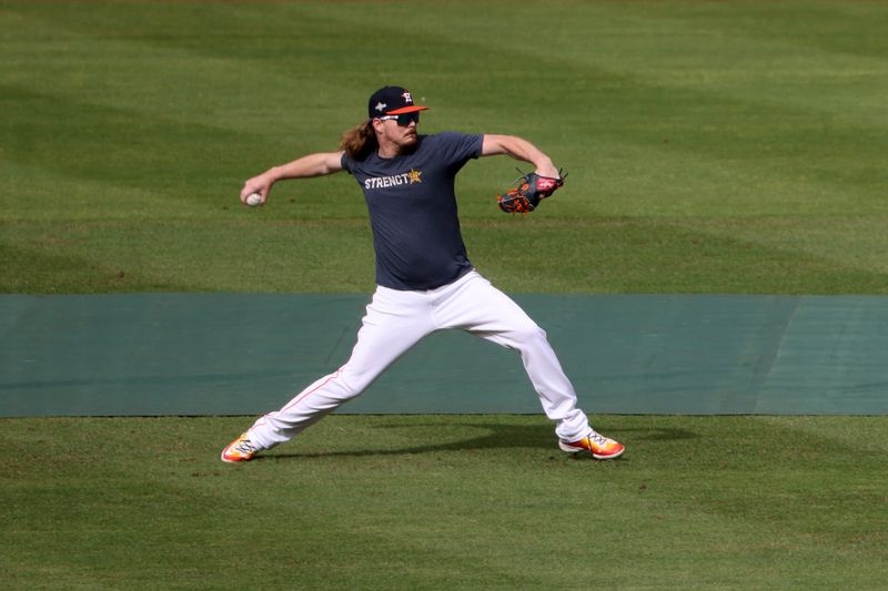 Oct 8, 2023; Houston, Texas, USA; Houston Astros relief pitcher Ryne Stanek (45) practices before game two of the ALDS for the 2023 MLB playoffs against the Minnesota Twins at Minute Maid Park. Mandatory Credit: Thomas Shea-USA TODAY Sports