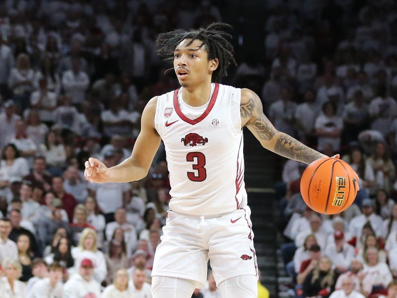 Mar 4, 2023; Fayetteville, Arkansas, USA; Arkansas Razorbacks guard Nick Smith Jr (3) during the second half against the Kentucky Wildcats at Bud Walton Arena. Kentucky won 88-79. Mandatory Credit: Nelson Chenault-USA TODAY Sports