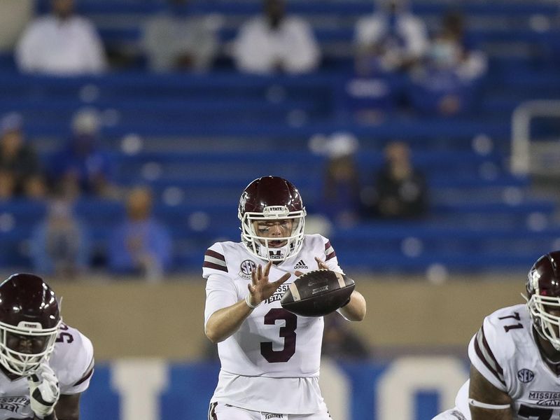 Oct 10, 2020; Lexington, Kentucky, USA; Mississippi State Bulldogs quarterback K.J. Costello (3) takes the snap against the Mississippi State Bulldogs in the first half at Kroger Field. Mandatory Credit: Katie Stratman-USA TODAY Sports