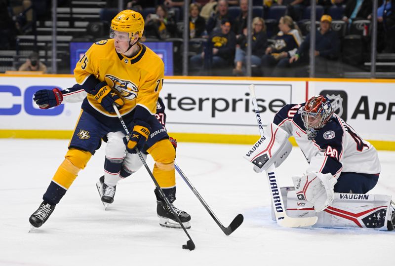 Jan 17, 2023; Nashville, Tennessee, USA;  Columbus Blue Jackets defenseman Tim Berni (75) skates against the Columbus Blue Jackets during the first period at Bridgestone Arena. Mandatory Credit: Steve Roberts-USA TODAY Sports