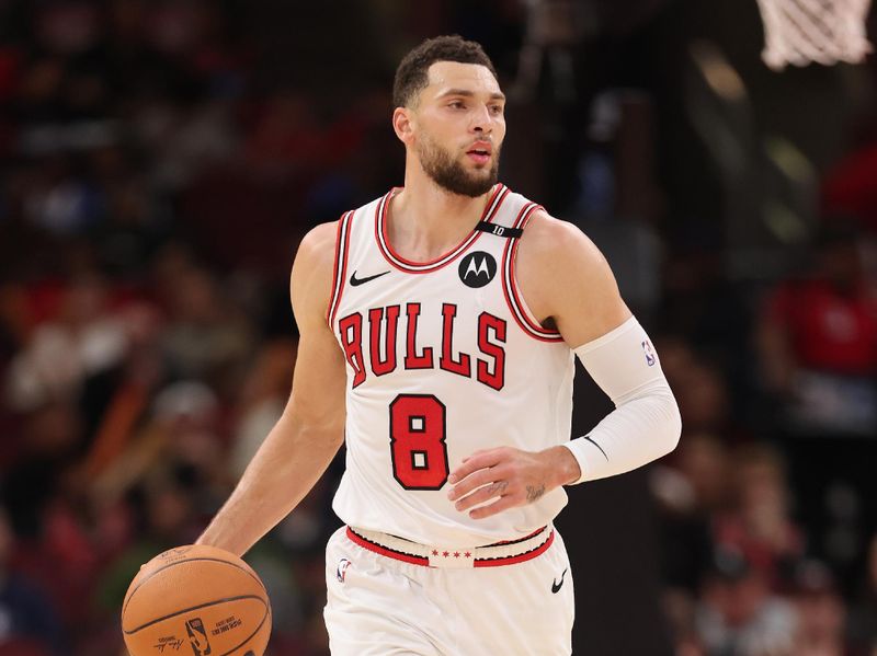 CHICAGO, ILLINOIS - DECEMBER 08: Zach LaVine #8 of the Chicago Bulls dribbles up the court against the Philadelphia 76ers during the second half at the United Center on December 08, 2024 in Chicago, Illinois. NOTE TO USER: User expressly acknowledges and agrees that, by downloading and or using this photograph, User is consenting to the terms and conditions of the Getty Images License Agreement.  (Photo by Michael Reaves/Getty Images)