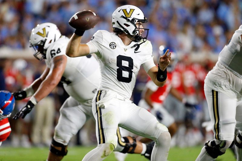 Oct 28, 2023; Oxford, Mississippi, USA; Vanderbilt Commodores quarterback Ken Seals (8) passes the ball during the first half against the Mississippi Rebels at Vaught-Hemingway Stadium. Mandatory Credit: Petre Thomas-USA TODAY Sports