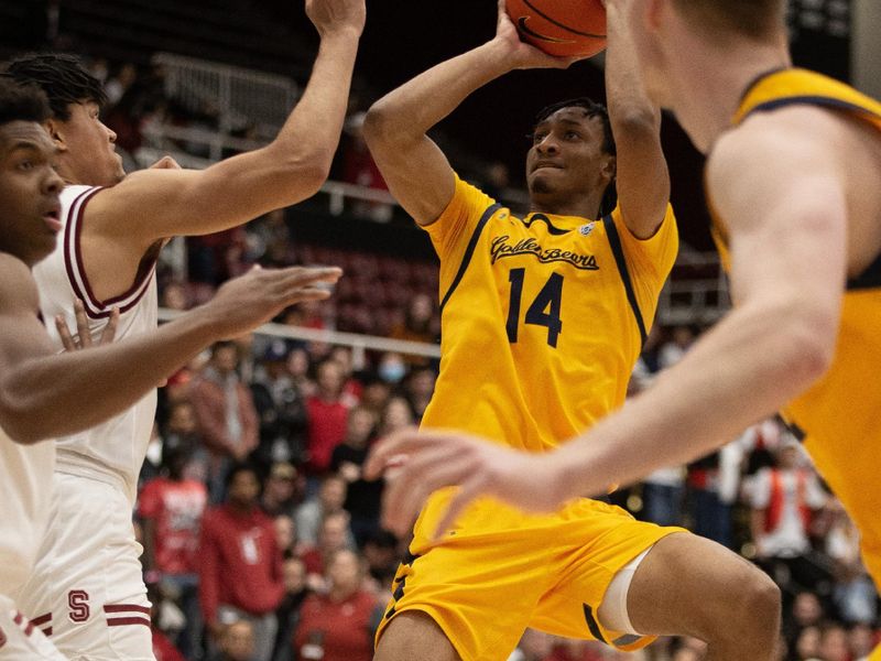 Jan 28, 2023; Stanford, California, USA; California Golden Bears forward Grant Newell (14) shoots over Stanford Cardinal forward Spencer Jones (left)during the first half at Maples Pavilion. Mandatory Credit: D. Ross Cameron-USA TODAY Sports