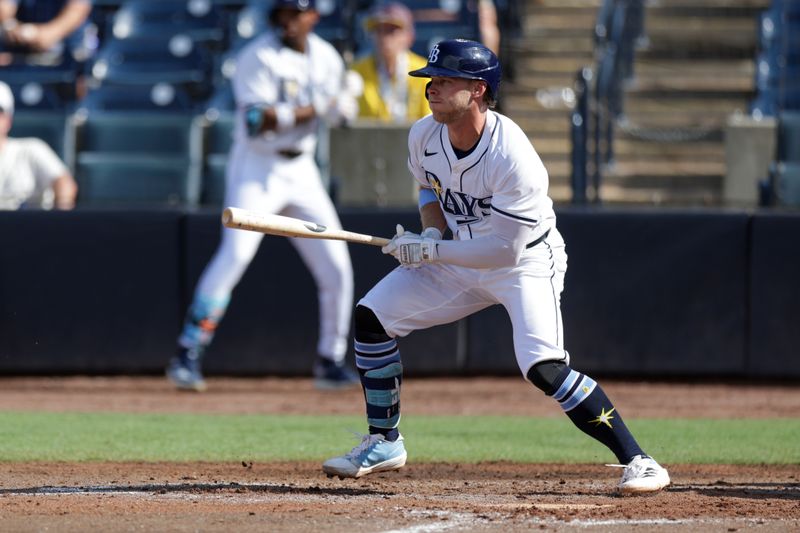 Jul 20, 2025; Tampa, Florida, USA; Tampa Bay Rays shortstop Taylor Walls (6) hits an rbi single against the Baltimore Orioles in the ninth inning at George M. Steinbrenner Field. Mandatory Credit: Nathan Ray Seebeck-Imagn Images