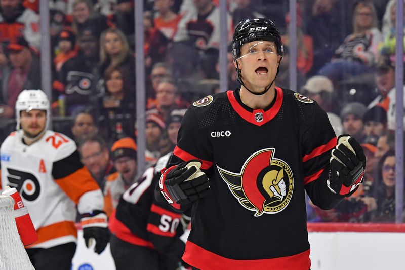 Mar 2, 2024; Philadelphia, Pennsylvania, USA; Ottawa Senators defenseman Jakob Chychrun (6) questions the official after a penalty was called against the Philadelphia Flyers during the first period at Wells Fargo Center. Mandatory Credit: Eric Hartline-USA TODAY Sports