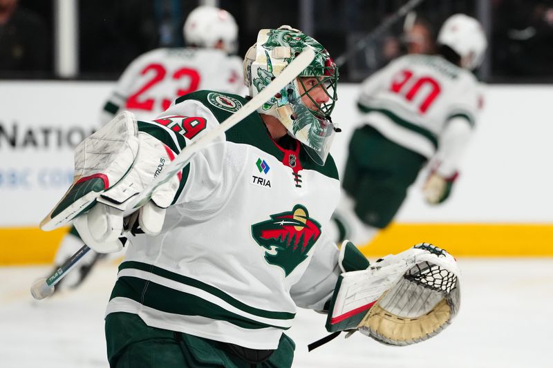 Apr 12, 2024; Las Vegas, Nevada, USA; Minnesota Wild goaltender Marc-Andre Fleury (29) warms up before the start of a game against the Vegas Golden Knights at T-Mobile Arena. Mandatory Credit: Stephen R. Sylvanie-USA TODAY Sports