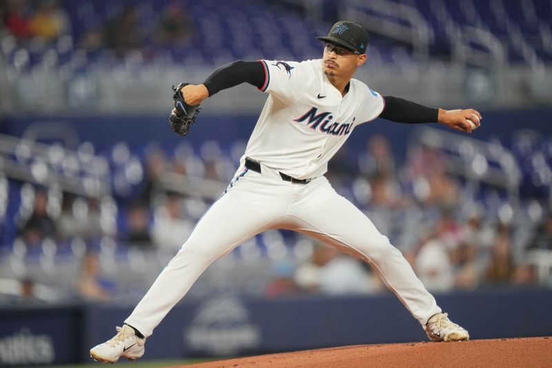 Jun 4, 2024; Miami, Florida, USA; Miami Marlins starting pitcher Jesús Luzardo (44) pitches against the Tampa Bay Rays in the first inning at loanDepot Park. Mandatory Credit: Jim Rassol-USA TODAY Sports