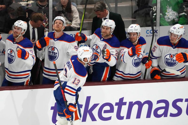 Feb 19, 2024; Tempe, Arizona, USA; Edmonton Oilers center Mattias Janmark (13) celebrates a goal against the Arizona Coyotes during the first period at Mullett Arena. Mandatory Credit: Joe Camporeale-USA TODAY Sports