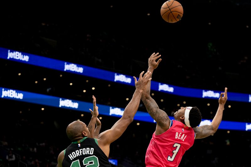 BOSTON, MA - NOVEMBER 27: Al Horford #42 of the Boston Celtics gains possession of the ball from Bradley Beal #3 of the Washington Wizards during the second half of a game at TD Garden on November 27, 2022 in Boston, Massachusetts. NOTE TO USER: User expressly acknowledges and agrees that, by downloading and or using this photograph, User is consenting to the terms and conditions of the Getty Images License Agreement. (Photo by Maddie Malhotra/Getty Images)