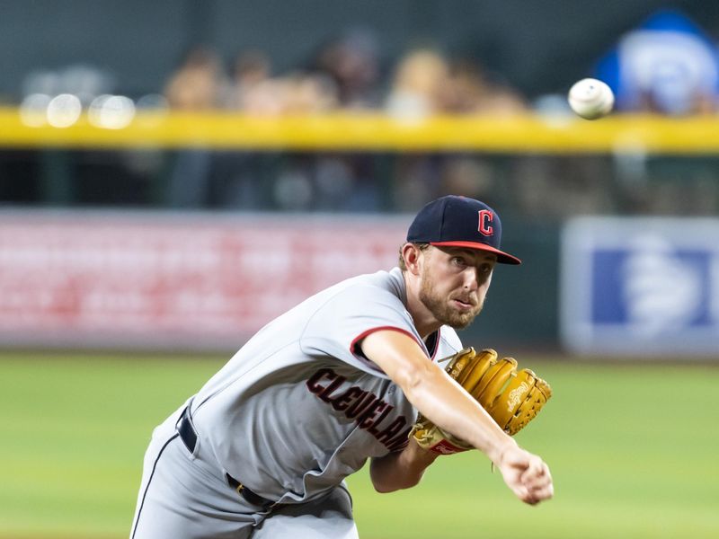 Aug 19, 2025; Phoenix, Arizona, USA; Cleveland Guardians pitcher Tanner Bibee against the Arizona Diamondbacks at Chase Field. Mandatory Credit: Mark J. Rebilas-Imagn Images