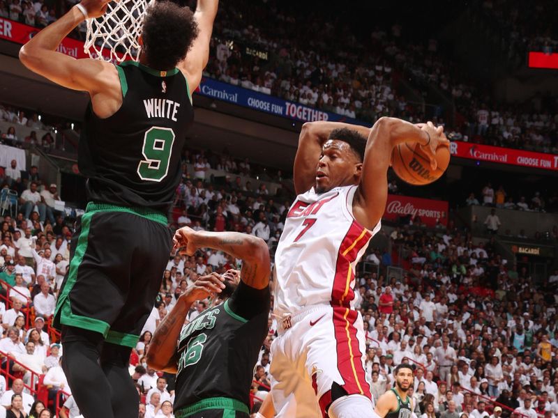 MIAMI, FL - MAY 21: Kyle Lowry #7 of the Miami Heat rebounds the ball during Round 3 Game 3 of the Eastern Conference Finals 2023 NBA Playoffs against the Boston Celtics on May 21, 2023 at Miami-Dade Arena in Miami, Florida. NOTE TO USER: User expressly acknowledges and agrees that, by downloading and or using this Photograph, user is consenting to the terms and conditions of the Getty Images License Agreement. Mandatory Copyright Notice: Copyright 2023 NBAE (Photo by Issac Baldizon/NBAE via Getty Images)