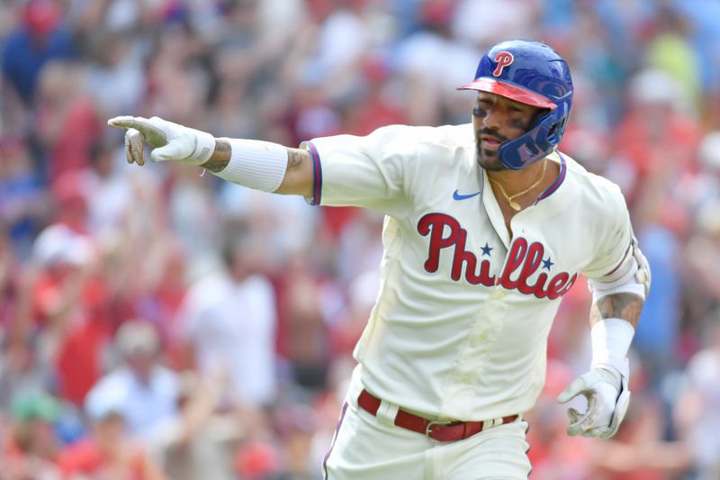 Aug 6, 2023; Philadelphia, Pennsylvania, USA; Philadelphia Phillies right fielder Nick Castellanos (8) points to the dugout after hitting a two-run home run against the Kansas City Royals during the fifth inning at Citizens Bank Park. Mandatory Credit: Eric Hartline-USA TODAY Sports