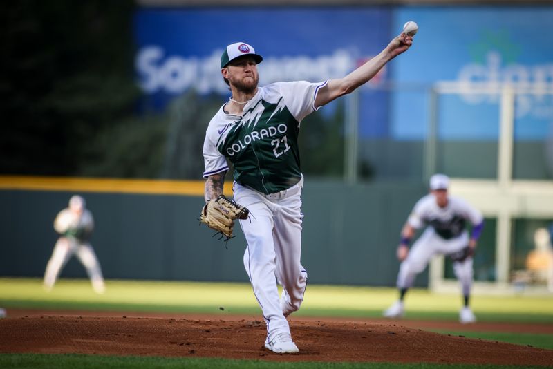 Sep 14, 2024; Denver, Colorado, USA; Colorado Rockies pitcher Kyle Freeland (21) pitches during the first inning against the Chicago Cubs at Coors Field. Mandatory Credit: Chet Strange-Imagn Images