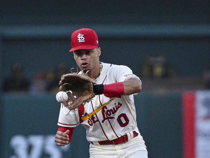 Sep 2, 2023; St. Louis, Missouri, USA;  St. Louis Cardinals shortstop Masyn Winn (0) fields a ground ball against the Pittsburgh Pirates during the second inning at Busch Stadium. Mandatory Credit: Jeff Curry-USA TODAY Sports