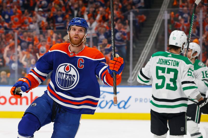 Jun 2, 2024; Edmonton, Alberta, CAN; Edmonton Oilers forward Connor McDavid (97) celebrates after scoring a goal against the Dallas Stars during the first period in game six of the Western Conference Final of the 2024 Stanley Cup Playoffs at Rogers Place. Mandatory Credit: Perry Nelson-USA TODAY Sports