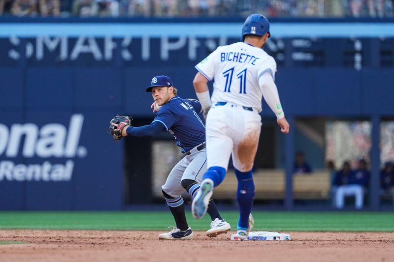 May 15, 2025; Toronto, Ontario, CAN; Tampa Bay Rays shortstop Taylor Walls (6) turns the double play against Toronto Blue Jays shortstop Bo Bichette (11) during the sixth inning at Rogers Centre. Mandatory Credit: Kevin Sousa-Imagn Images