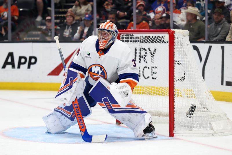 Mar 4, 2026; Anaheim, California, USA;  New York Islanders goaltender David Rittich (33) defends the goal during the second period against the Anaheim Ducks at Honda Center. Mandatory Credit: Kiyoshi Mio-Imagn Images