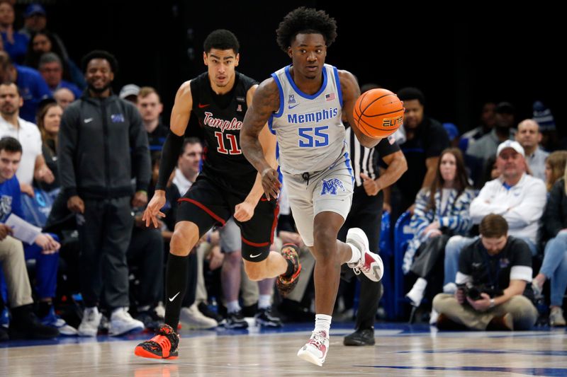 Feb 12, 2023; Memphis, Tennessee, USA; Memphis Tigers guard Damaria Franklin (55) dribbles during the first half against the Temple Owls at FedExForum. Mandatory Credit: Petre Thomas-USA TODAY Sports