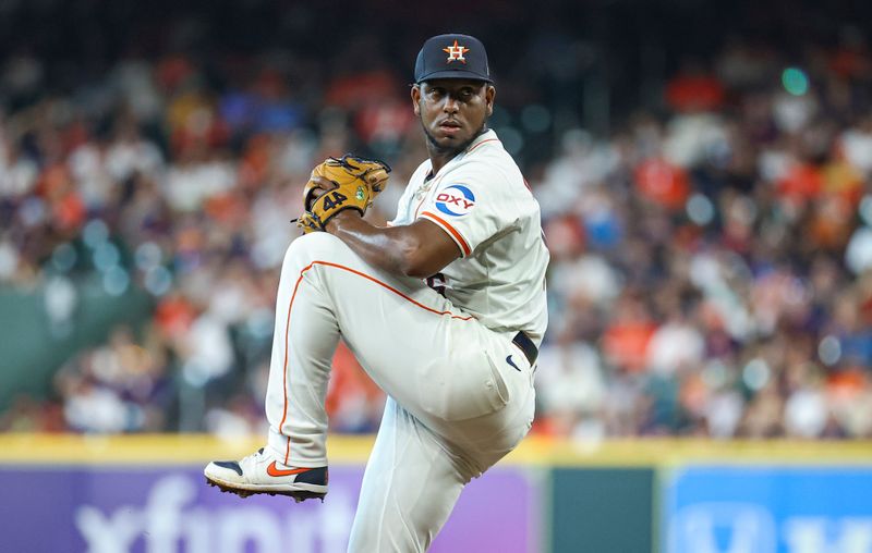 Jun 22, 2024; Houston, Texas, USA; Houston Astros starting pitcher Ronel Blanco (56) delivers a pitch during the second inning against the Baltimore Orioles at Minute Maid Park. Mandatory Credit: Troy Taormina-USA TODAY Sports