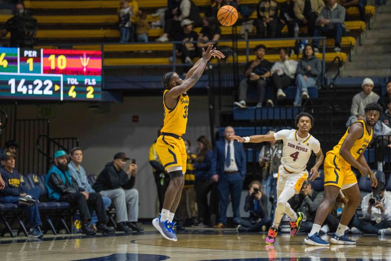 Feb 11, 2023; Berkeley, California, USA; California Golden Bears guard DeJuan Clayton (33) shoots the basketball against the Arizona State Sun Devils during the first half at Haas Pavilion. Mandatory Credit: Neville E. Guard-USA TODAY Sports