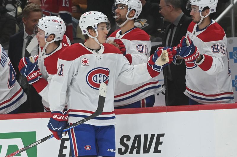 Dec 11, 2025; Pittsburgh, Pennsylvania, USA;  Montreal Canadiens center Oliver Kapanen (91) is greeted by his teammates after scoring against the Pittsburgh Penguins during the third period at PPG Paints Arena. The Canadiens won 4-2. Mandatory Credit: Philip G. Pavely-Imagn Images