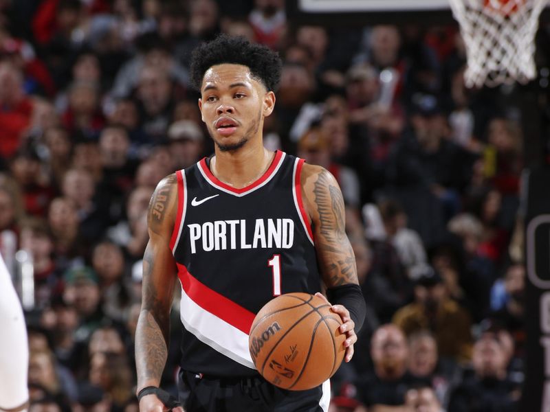 PORTLAND, OR - JANUARY 31:  Anfernee Simons #1 of the Portland Trail Blazers handles the ball during the game  on January 31, 2024 at the Moda Center Arena in Portland, Oregon. NOTE TO USER: User expressly acknowledges and agrees that, by downloading and or using this photograph, user is consenting to the terms and conditions of the Getty Images License Agreement. Mandatory Copyright Notice: Copyright 2024 NBAE (Photo by Cameron Browne/NBAE via Getty Images)