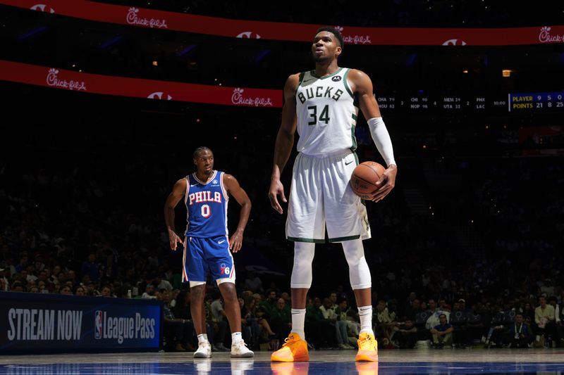 PHILADELPHIA, PA - OCTOBER 23: Giannis Antetokounmpo #34 of the Milwaukee Bucks shoots a free throw during the game against the Philadelphia 76ers on October 23, 2024 at the Wells Fargo Center in Philadelphia, Pennsylvania NOTE TO USER: User expressly acknowledges and agrees that, by downloading and/or using this Photograph, user is consenting to the terms and conditions of the Getty Images License Agreement. Mandatory Copyright Notice: Copyright 2024 NBAE (Photo by Jesse D. Garrabrant/NBAE via Getty Images)