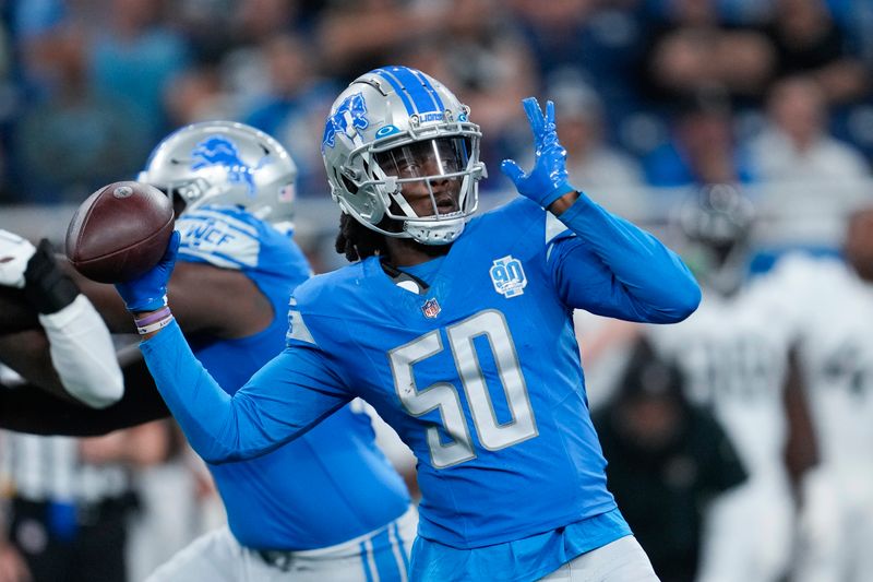 Detroit Lions quarterback Teddy Bridgewater (50) throws against the Jacksonville Jaguars during an preseason NFL football game in Detroit, Saturday, Aug. 19, 2023. (AP Photo/Paul Sancya)