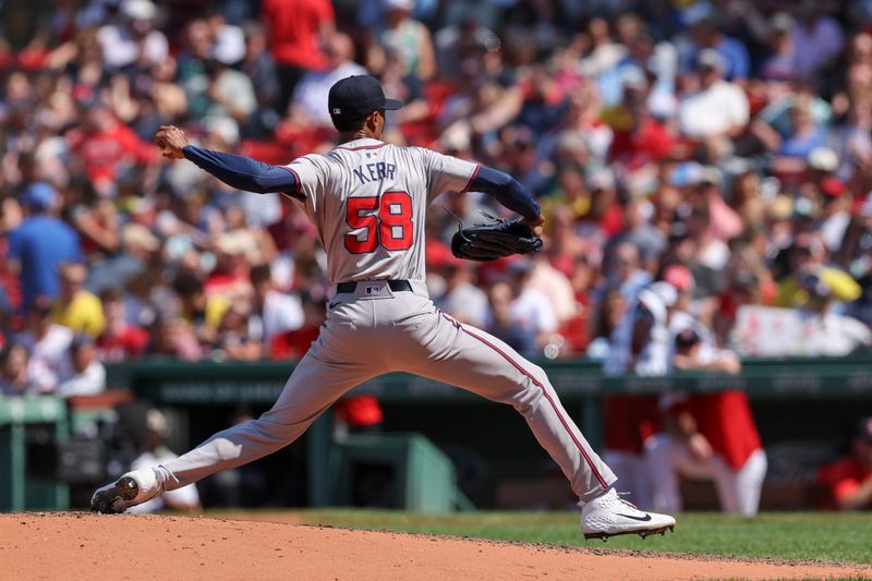 Jun 5, 2024; Boston, Massachusetts, USA; Atlanta Braves relief pitcher Raymond Kerr (58) delivers a pitch during the fifth inning against the Boston Red Sox at Fenway Park. Mandatory Credit: Paul Rutherford-USA TODAY Sports