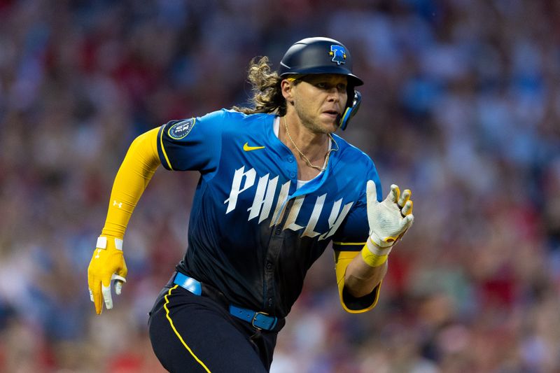 Jun 28, 2024; Philadelphia, Pennsylvania, USA; Philadelphia Phillies third base Alec Bohm (28) runs the bases after hitting a single during the eighth inning against the Miami Marlins at Citizens Bank Park. Mandatory Credit: Bill Streicher-USA TODAY Sports