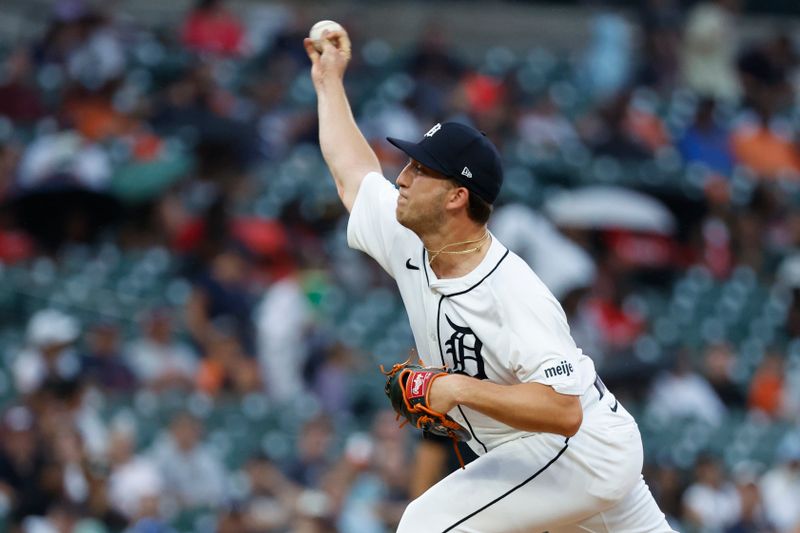 Jul 9, 2024; Detroit, Michigan, USA;  Detroit Tigers pitcher Beau Brieske (4) pitches in the sixth inning against the Cleveland Guardians at Comerica Park. Mandatory Credit: Rick Osentoski-USA TODAY Sports