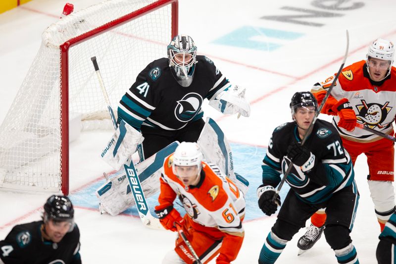 Oct 12, 2024; San Jose, California, USA; San Jose Sharks goaltender Vitek Vanecek (41) watches the action against the Anaheim Ducks during the third period at SAP Center at San Jose. Mandatory Credit: D. Ross Cameron-Imagn Images