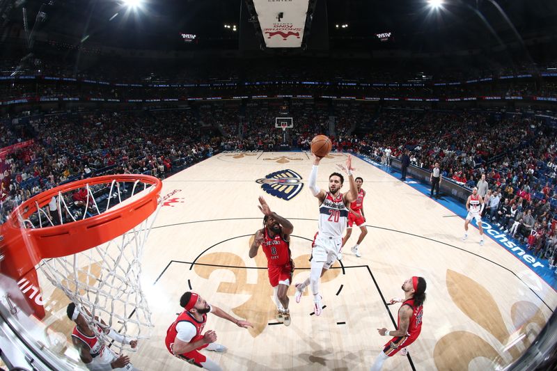 NEW ORLEANS, LA - FEBRUARY 14: Landry Shamet #20 of the Washington Wizards drives to the basket during the game against the New Orleans Pelicans on February 14, 2024 at the Smoothie King Center in New Orleans, Louisiana. NOTE TO USER: User expressly acknowledges and agrees that, by downloading and or using this Photograph, user is consenting to the terms and conditions of the Getty Images License Agreement. Mandatory Copyright Notice: Copyright 2024 NBAE (Photo by Layne Murdoch Jr./NBAE via Getty Images)