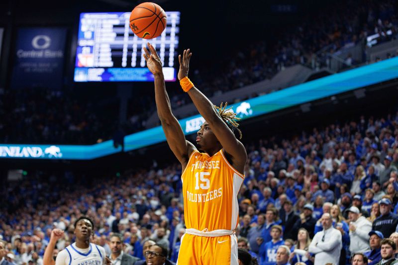 Feb 3, 2024; Lexington, Kentucky, USA; Tennessee Volunteers guard Jahmai Mashack (15) shoots the ball during the first half against the Kentucky Wildcats at Rupp Arena at Central Bank Center. Mandatory Credit: Jordan Prather-USA TODAY Sports