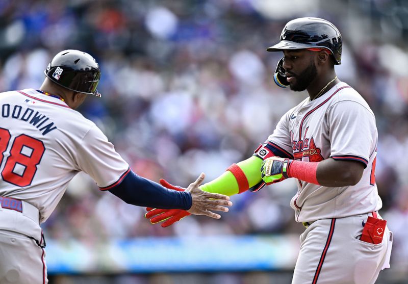 May 11, 2024; New York City, New York, USA; Atlanta Braves outfielder Michael Harris II (23) reacts after hitting a single against the New York Mets during the third inning at Citi Field. Mandatory Credit: John Jones-USA TODAY Sports