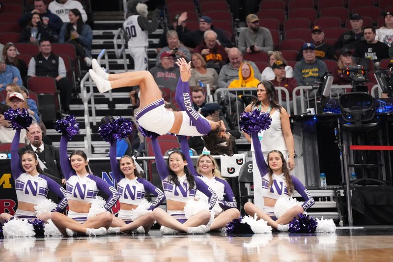 Mar 10, 2026; Chicago, IL, USA; Northwestern Wildcats cheerleaders during the first half at United Center. Mandatory Credit: David Banks-Imagn Images