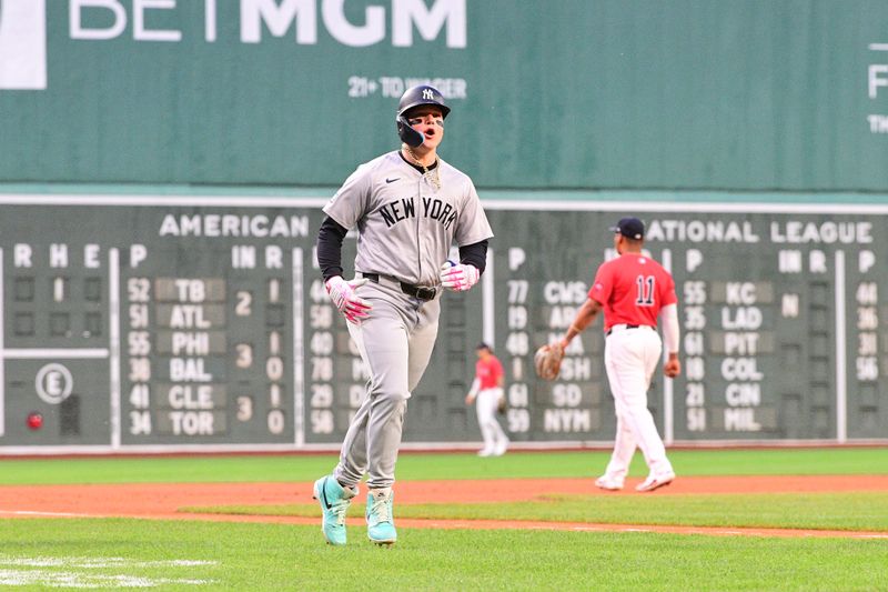 Jun 14, 2024; Boston, Massachusetts, USA;  New York Yankees right fielder Alex Verdugo (24) reacts to his hits a two-run home run against the Boston Red Sox during the first inning at Fenway Park. Mandatory Credit: Eric Canha-USA TODAY Sports