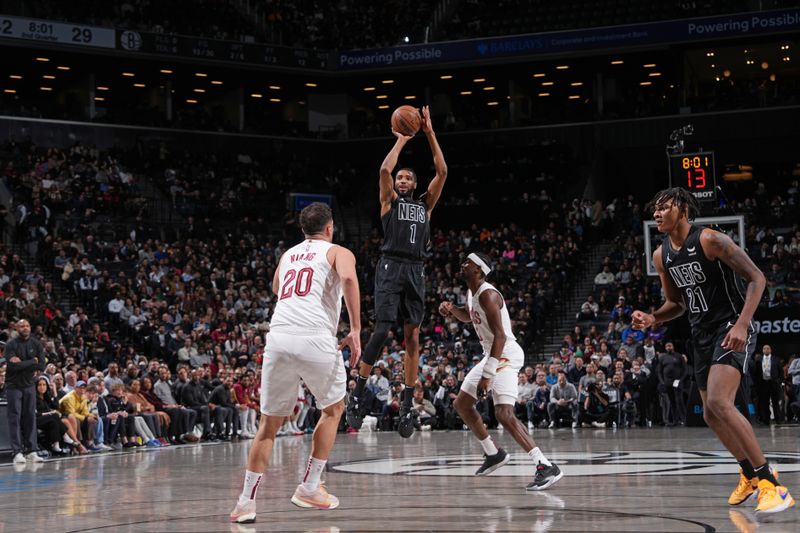 BROOKLYN, NY - FEBRUARY 8: Mikal Bridges #1 of the Brooklyn Nets shoots the ball during the game against the Cleveland Cavaliers on February 8, 2024 at Barclays Center in Brooklyn, New York. NOTE TO USER: User expressly acknowledges and agrees that, by downloading and or using this Photograph, user is consenting to the terms and conditions of the Getty Images License Agreement. Mandatory Copyright Notice: Copyright 2024 NBAE (Photo by Jesse D. Garrabrant/NBAE via Getty Images)