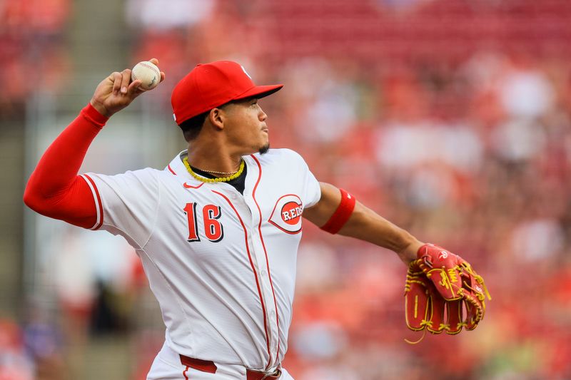 Jul 29, 2024; Cincinnati, Ohio, USA; Cincinnati Reds third baseman Noelvi Marte (16) throws to first to get Chicago Cubs catcher Miguel Amaya (not pictured) out in the second inning at Great American Ball Park. Mandatory Credit: Katie Stratman-USA TODAY Sports