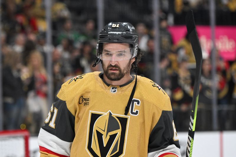 Apr 27, 2024; Las Vegas, Nevada, USA; Vegas Golden Knights right wing Mark Stone (61) warms up against the Dallas Stars in game three of the first round of the 2024 Stanley Cup Playoffs at T-Mobile Arena. Mandatory Credit: Candice Ward-USA TODAY Sports