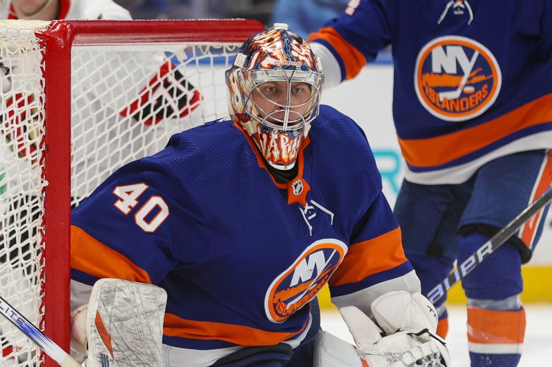 Mar 16, 2024; Elmont, New York, USA;  New York Islanders goaltender Semyon Varlamov (40) follows the puck against the Ottawa Senators during the third period at UBS Arena. Mandatory Credit: Thomas Salus-USA TODAY Sports