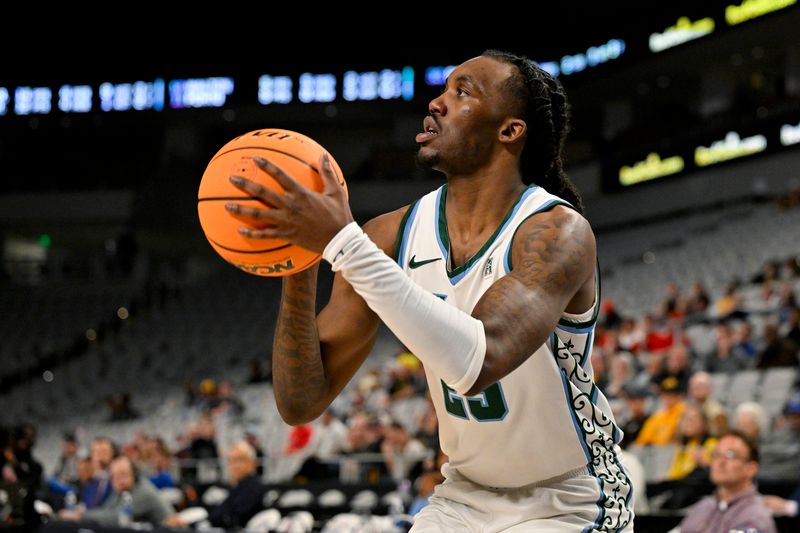 Mar 10, 2023; Fort Worth, TX, USA; Tulane Green Wave guard Jaylen Forbes (25) makes a jump shot against the Wichita State Shockers during the second half at Dickies Arena. Mandatory Credit: Jerome Miron-USA TODAY Sports