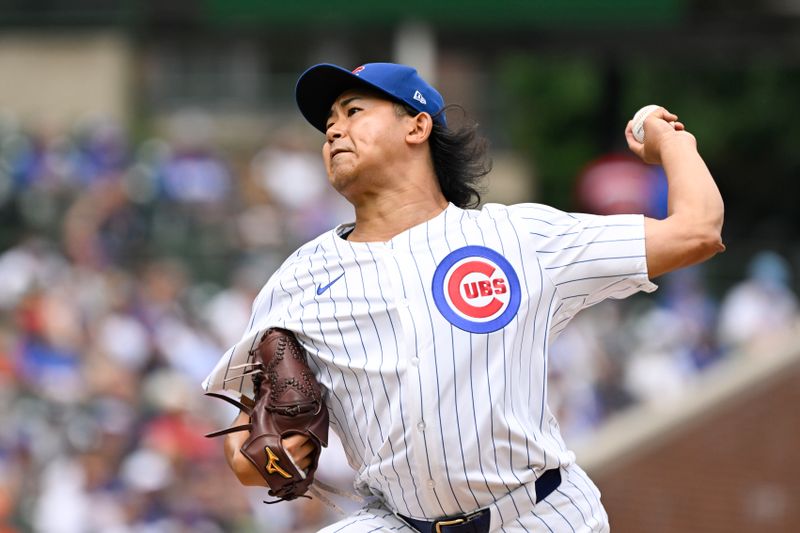 Aug 18, 2024; Chicago, Illinois, USA; Chicago Cubs pitcher Shota Imanaga (18) delivers against the Toronto Blue Jays during the first inning at Wrigley Field. Mandatory Credit: Matt Marton-USA TODAY Sports