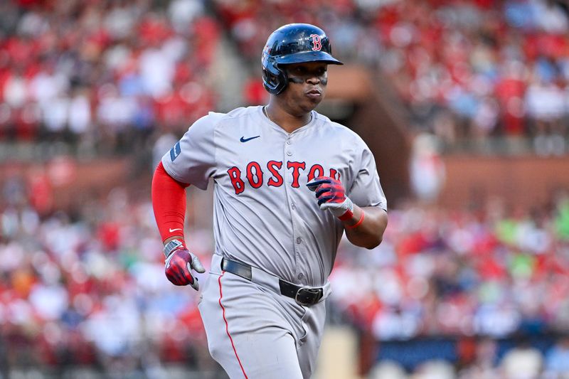 May 18, 2024; St. Louis, Missouri, USA;  Boston Red Sox third baseman Rafael Devers (11) runs the bases after hitting a solo home run against the St. Louis Cardinals during the fourth inning at Busch Stadium. Mandatory Credit: Jeff Curry-USA TODAY Sports