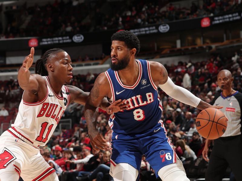 CHICAGO, IL - DECEMBER 8: Paul George #8 of the Philadelphia 76ers dribbles the ball during the game against the Chicago Bulls on December 8, 2024 at United Center in Chicago, Illinois. NOTE TO USER: User expressly acknowledges and agrees that, by downloading and or using this photograph, User is consenting to the terms and conditions of the Getty Images License Agreement. Mandatory Copyright Notice: Copyright 2024 NBAE (Photo by Gary Dineen/NBAE via Getty Images)