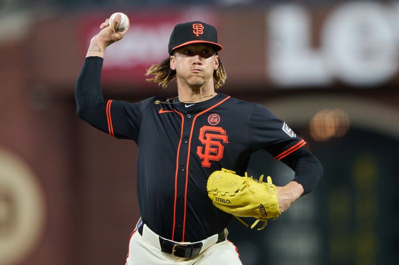 Aug 31, 2024; San Francisco, California, USA; San Francisco Giants pitcher Spencer Bivens (76) throws a pitch against the Miami Marlins during the seventh inning at Oracle Park. Mandatory Credit: Robert Edwards-USA TODAY Sports