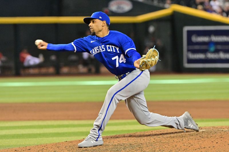 Apr 26, 2023; Phoenix, Arizona, USA; Kansas City Royals relief pitcher Jose Cuas (74) throws in the eighth inning against the Arizona Diamondbacks at Chase Field. Mandatory Credit: Matt Kartozian-USA TODAY Sports