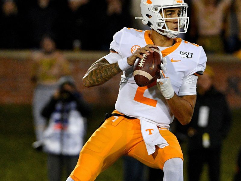 Nov 23, 2019; Columbia, MO, USA; Tennessee Volunteers quarterback Jarrett Guarantano (2) drops back to pass during the first half against the Missouri Tigers at Memorial Stadium/Faurot Field. Mandatory Credit: Denny Medley-USA TODAY Sports