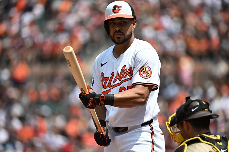 Jul 28, 2024; Baltimore, Maryland, USA;  Baltimore Orioles right fielder Anthony Santander (25) stands at bat during the first inning against the San Diego Padres at Oriole Park at Camden Yards. Mandatory Credit: James A. Pittman-USA TODAY Sports